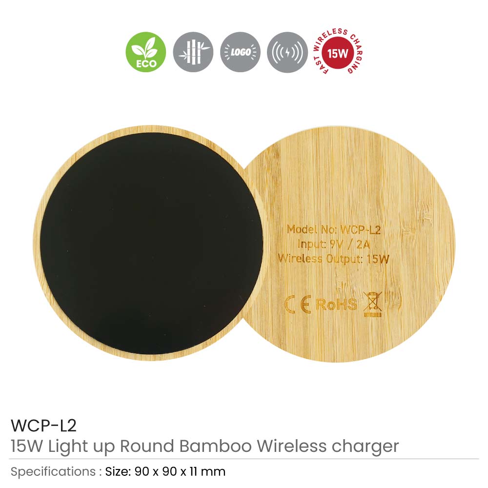 Bamboo Wireless Charger 15W Fast Charging & LED Logo