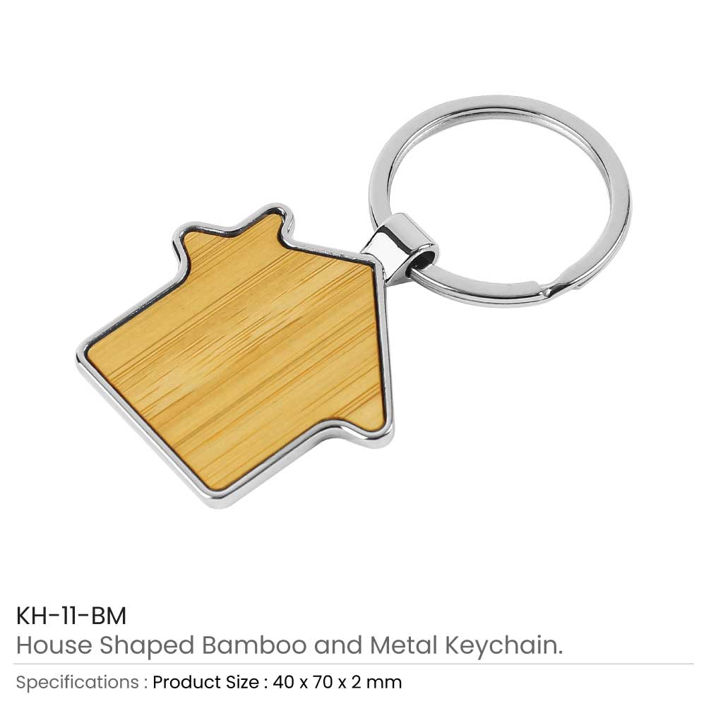 Bamboo & Metal Keychain House Shaped