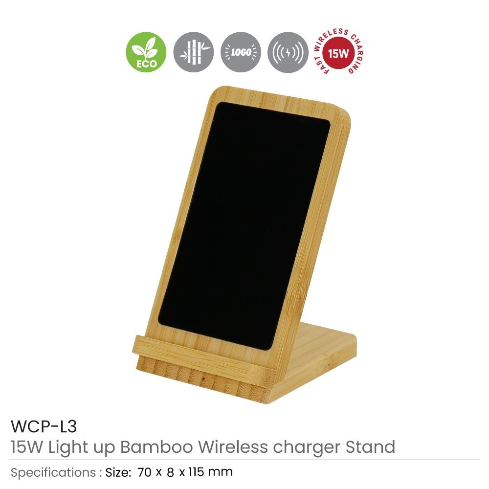 Bamboo Fast Wireless Charger Stand 15W with LED Logo