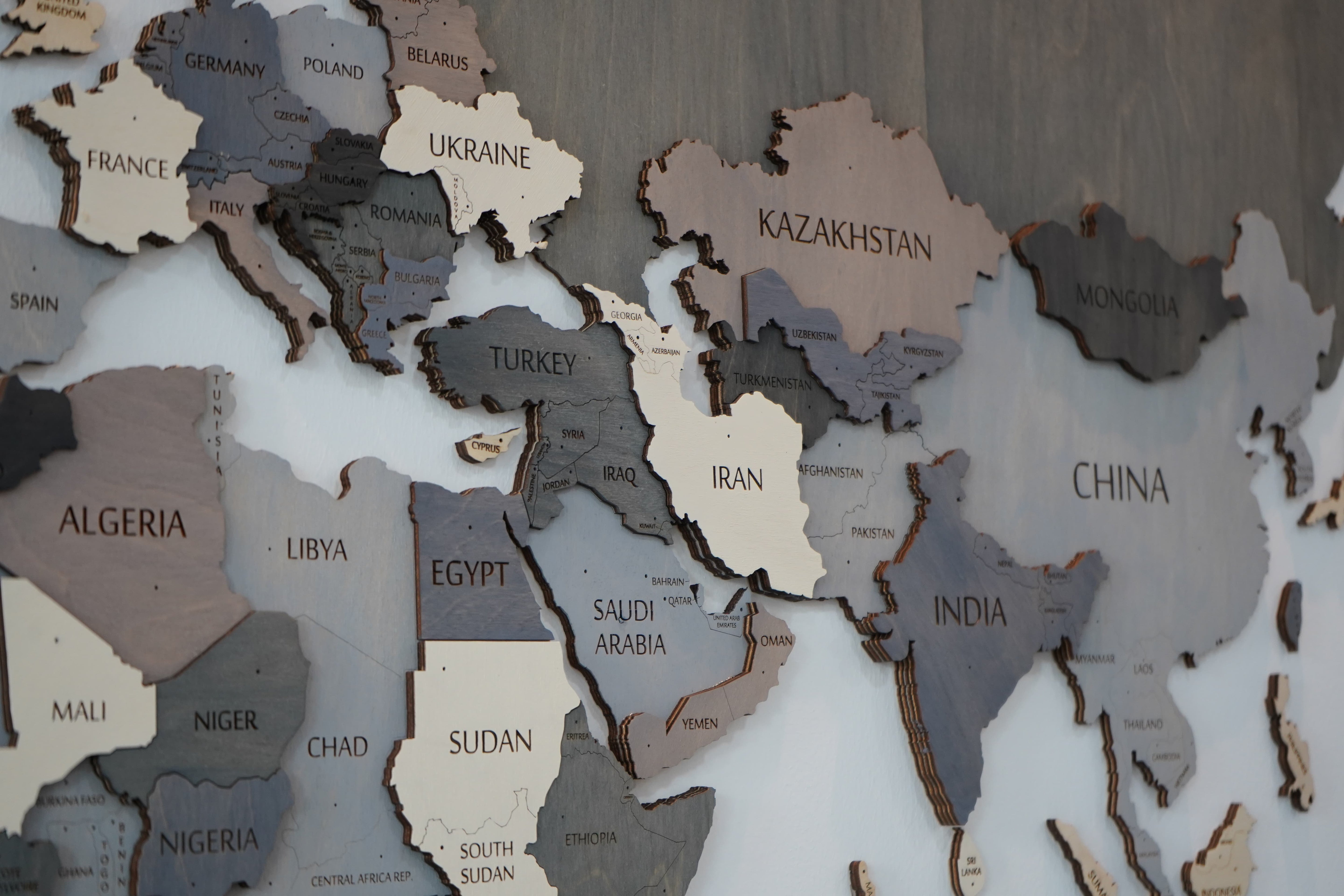 3D Blue Grey White Wooden World Map