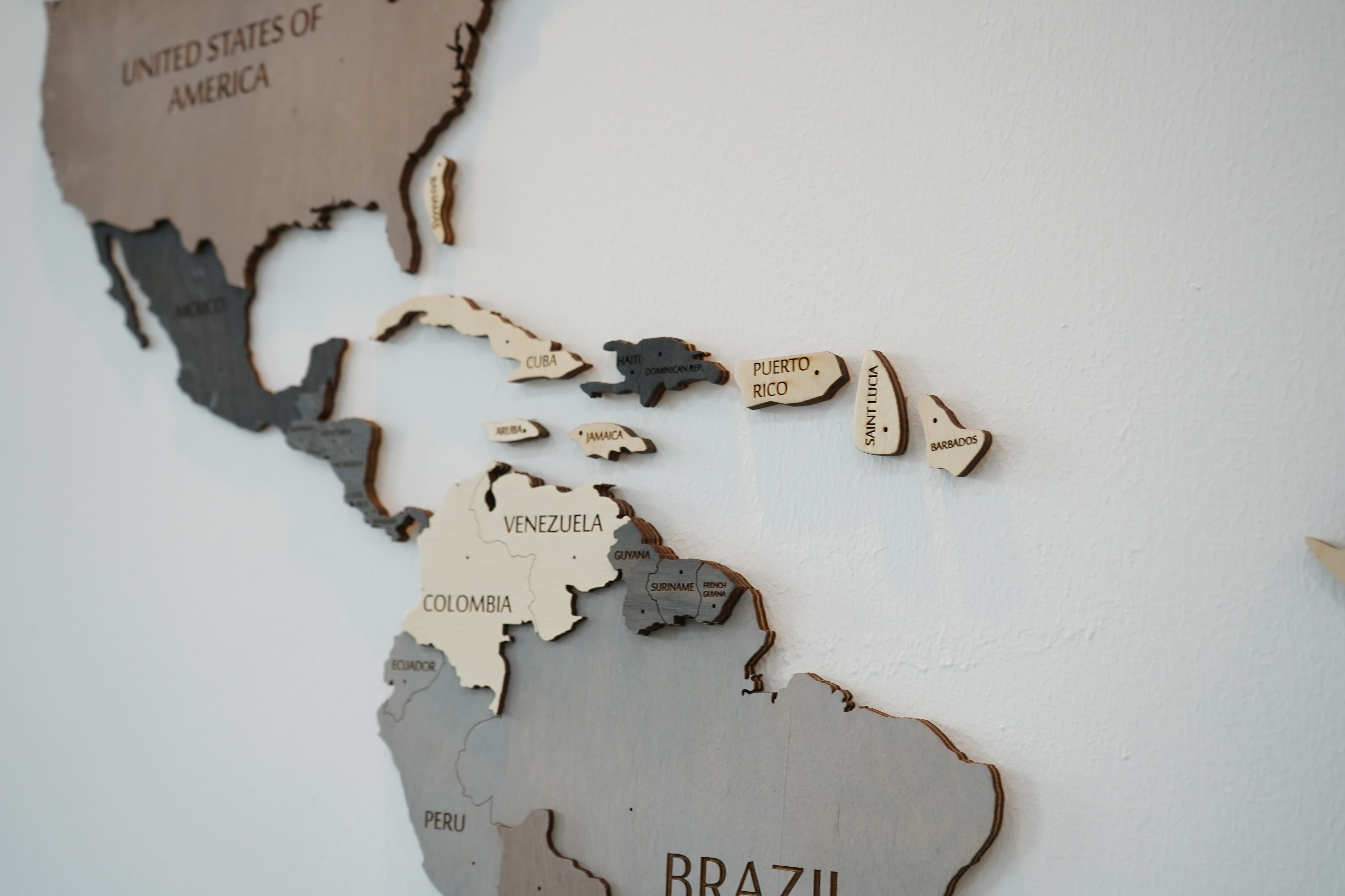 3D Blue Grey White Wooden World Map