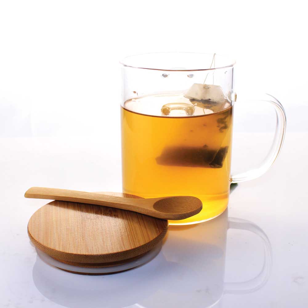 Clear Glass Mug with Bamboo Lid and Spoon