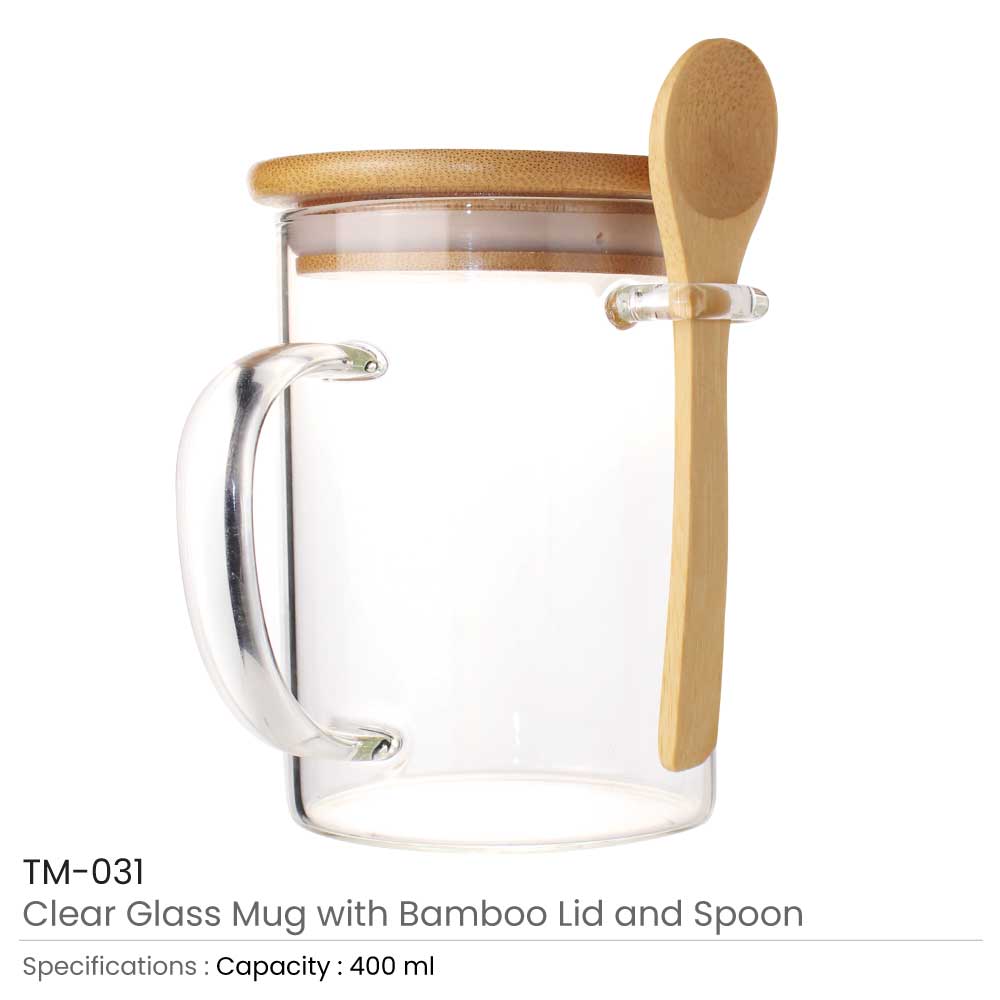 Clear Glass Mug with Bamboo Lid and Spoon