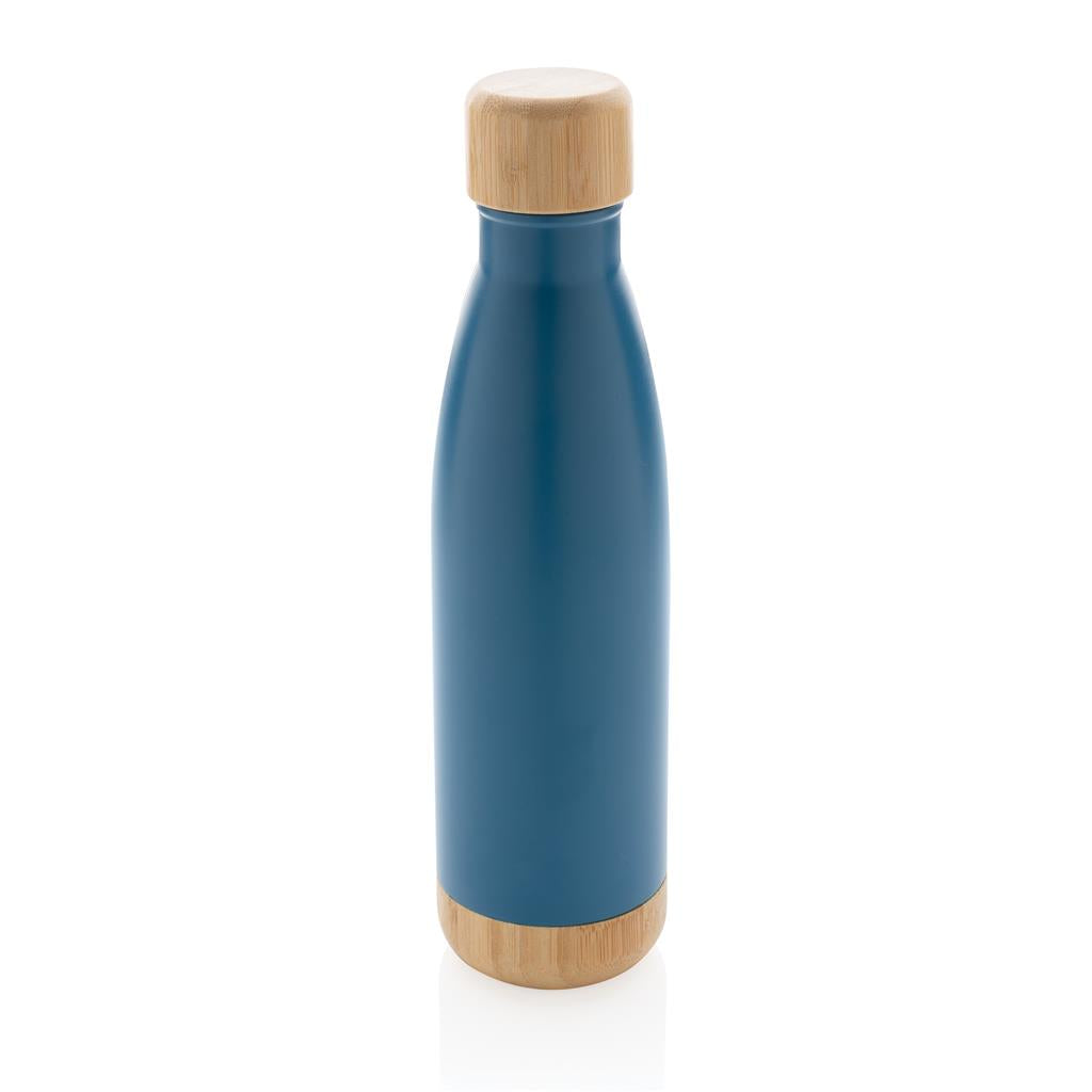Double Wall Stainless Bottle with Bamboo Lid and Base - Blue