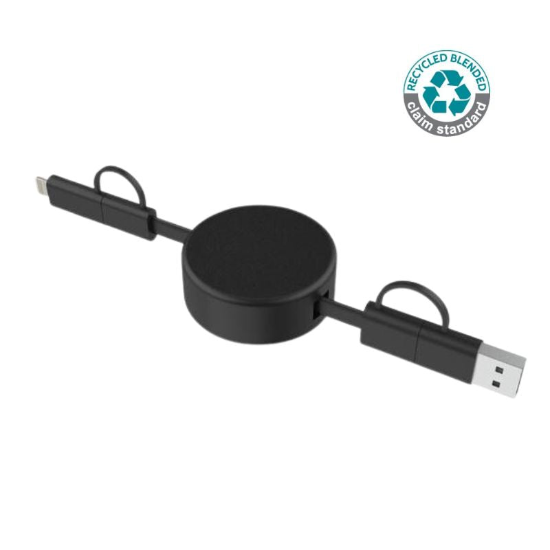 Recycled retractable Charging Cable 6-in-1 - Black