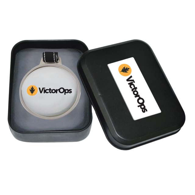 Metal Luggage Tag With Leather Strap in a Tin Box