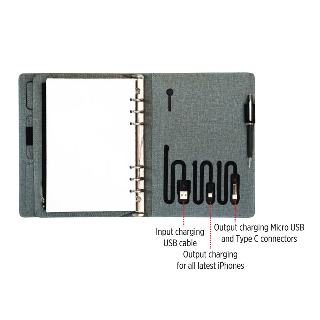 A5 Notebook Organiser With 10000mAh Powerbank - Grey