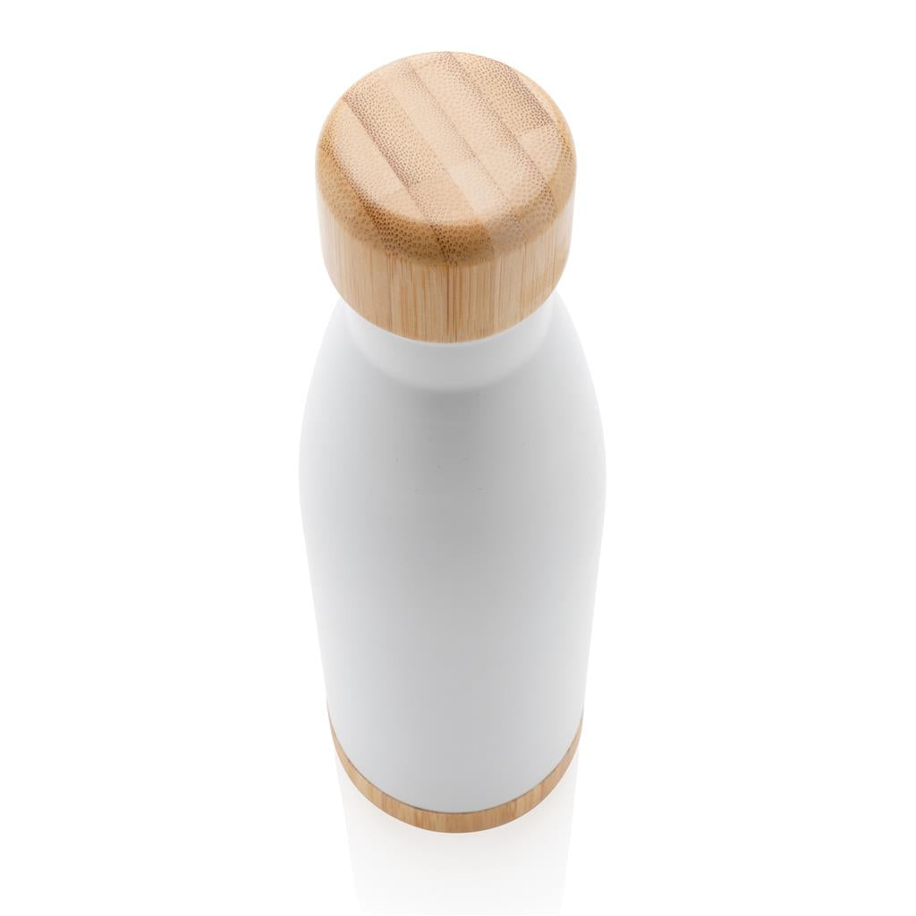 Double Wall Stainless Bottle with Bamboo Lid and Base - White