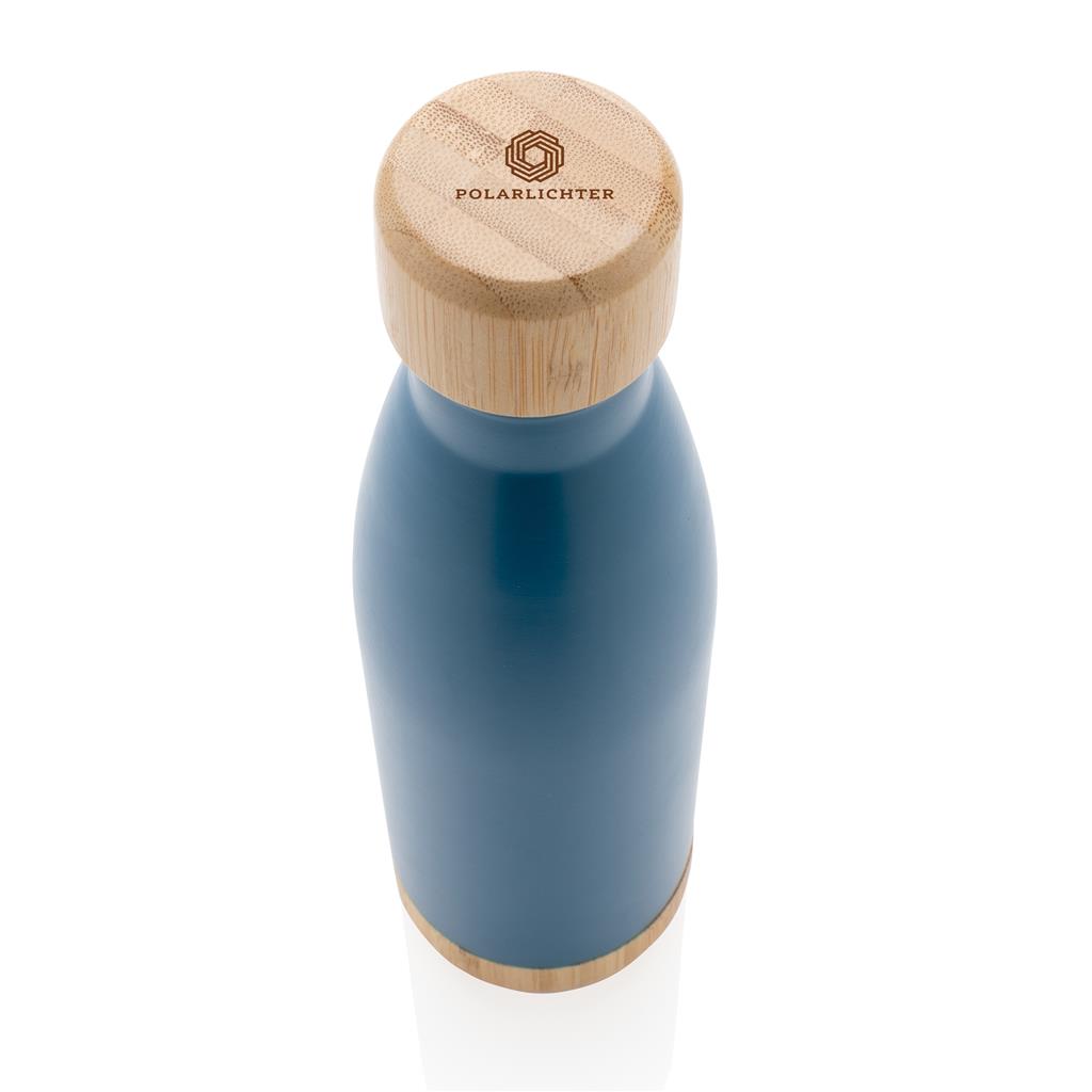 Double Wall Stainless Bottle with Bamboo Lid and Base - Blue