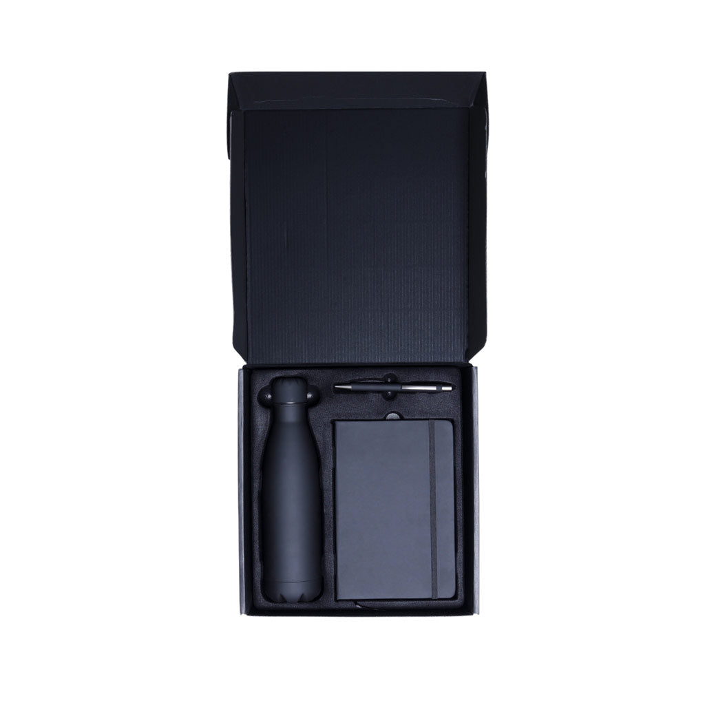 Set of Stainless Bottle, Notebook and Pen - Black