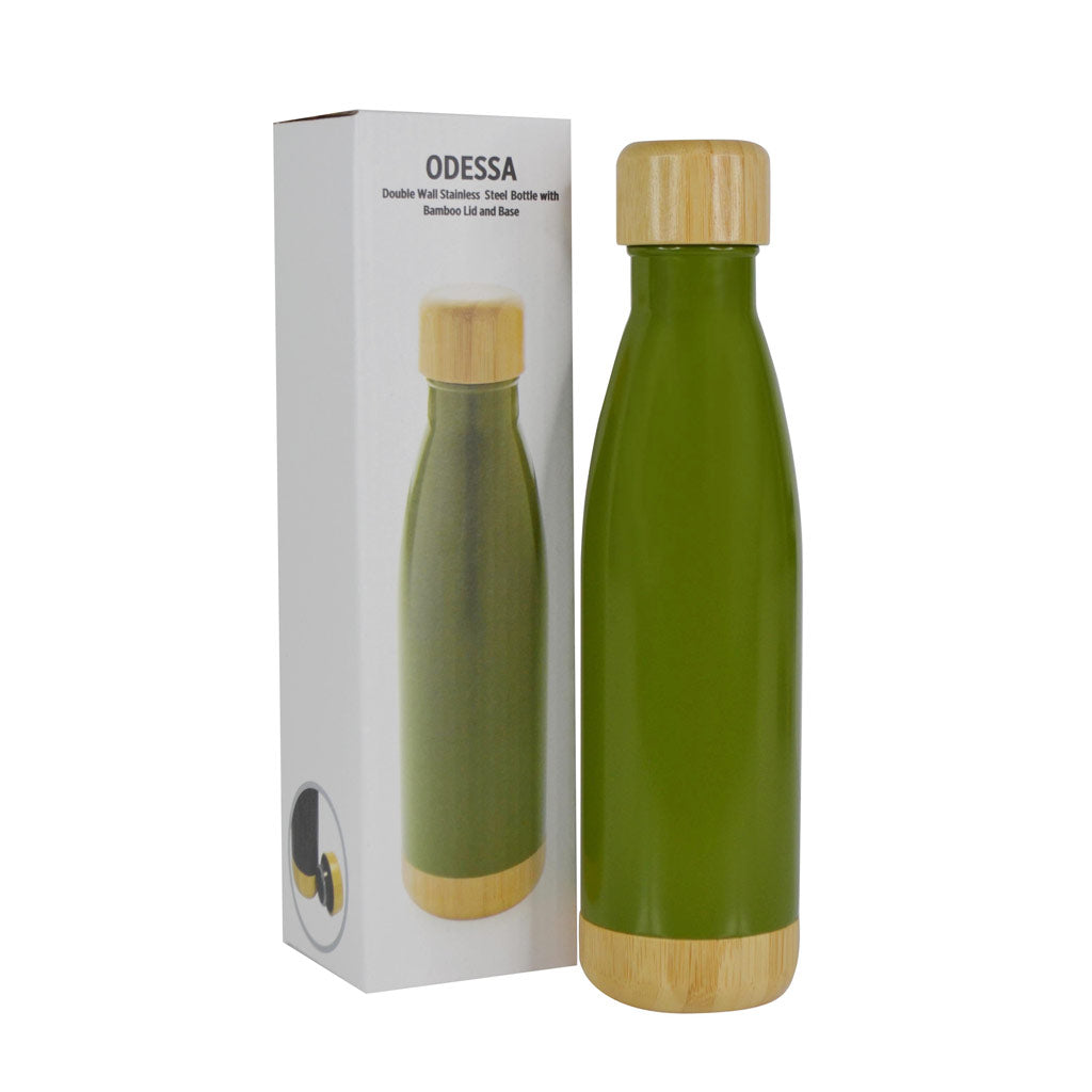Double Wall Stainless Bottle with Bamboo Lid and Base - Green
