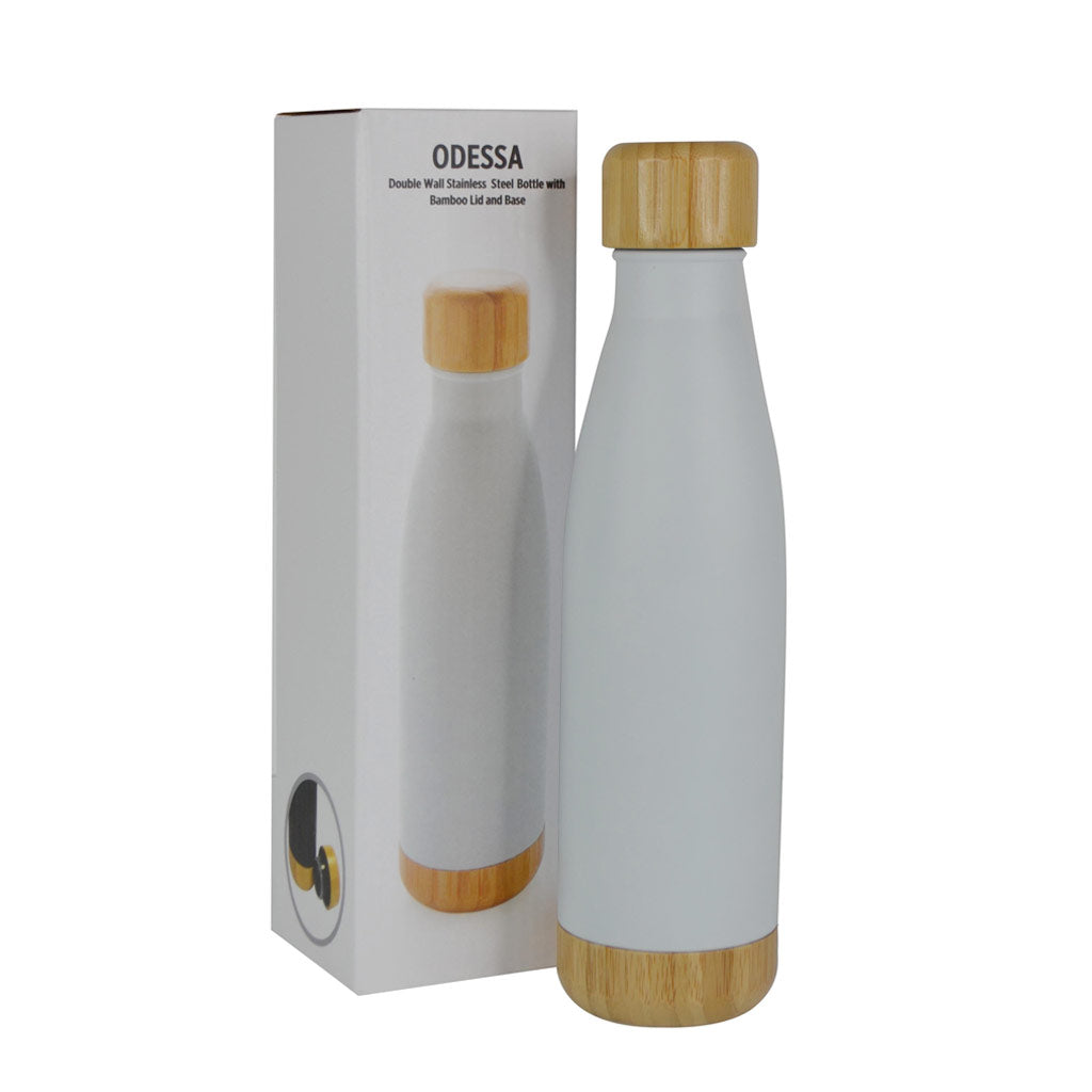 Double Wall Stainless Bottle with Bamboo Lid and Base - White