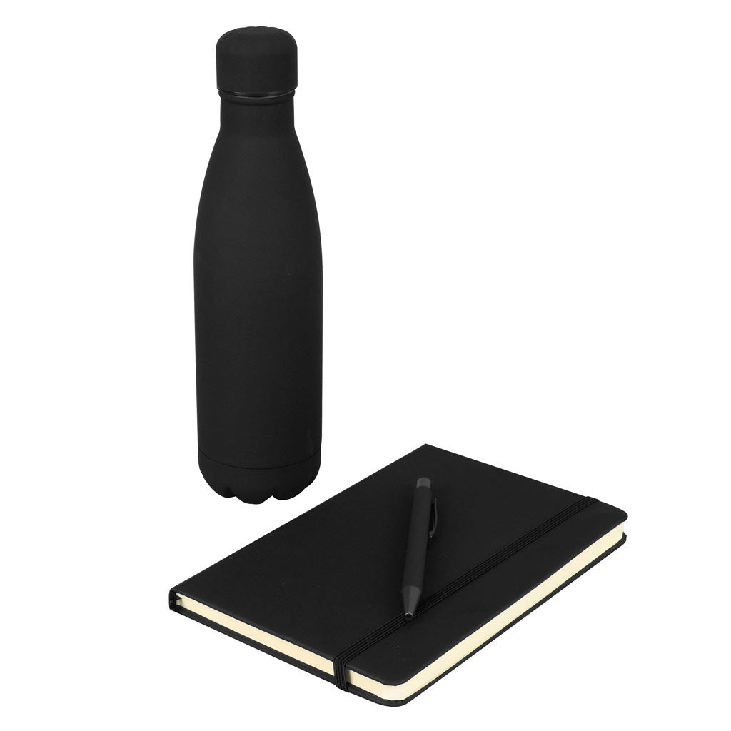 Set of Stainless Bottle, Notebook and Pen - Black