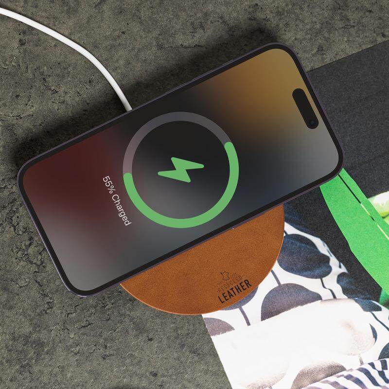 Recycled Leather 15W Wireless Charger - White/Tan