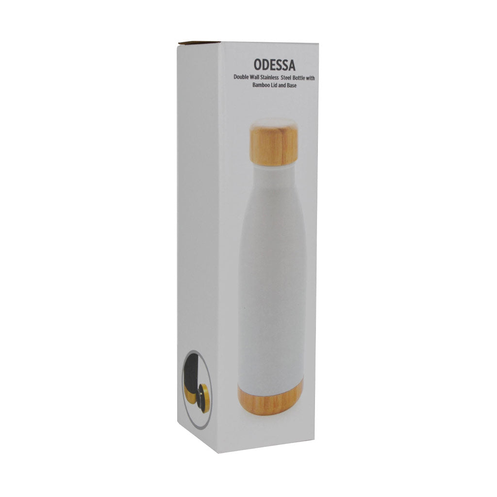 Double Wall Stainless Bottle with Bamboo Lid and Base - White