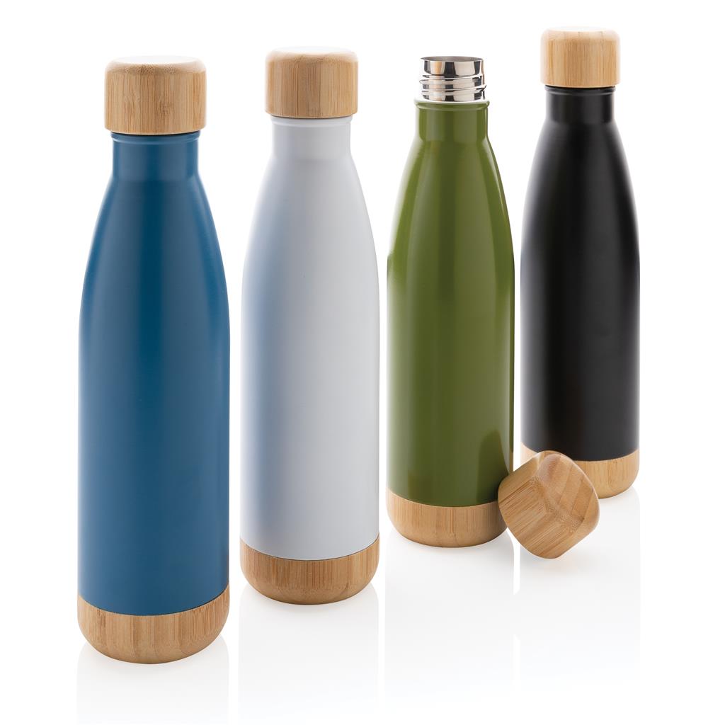 Double Wall Stainless Bottle with Bamboo Lid and Base - White
