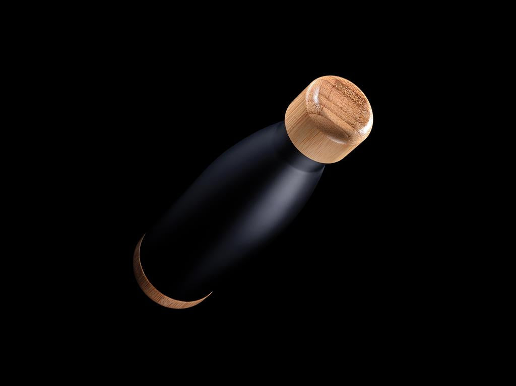 Double Wall Stainless Bottle with Bamboo Lid and Base - Black
