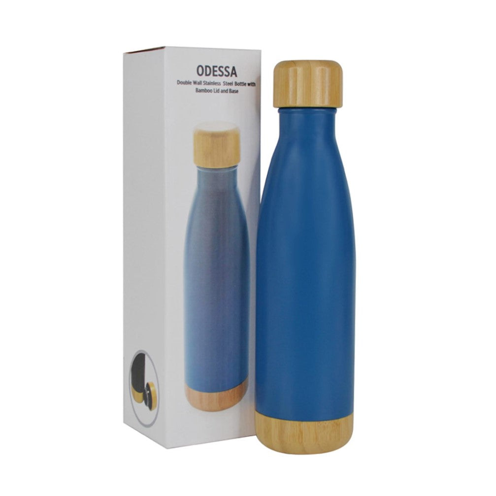 Double Wall Stainless Bottle with Bamboo Lid and Base - Blue