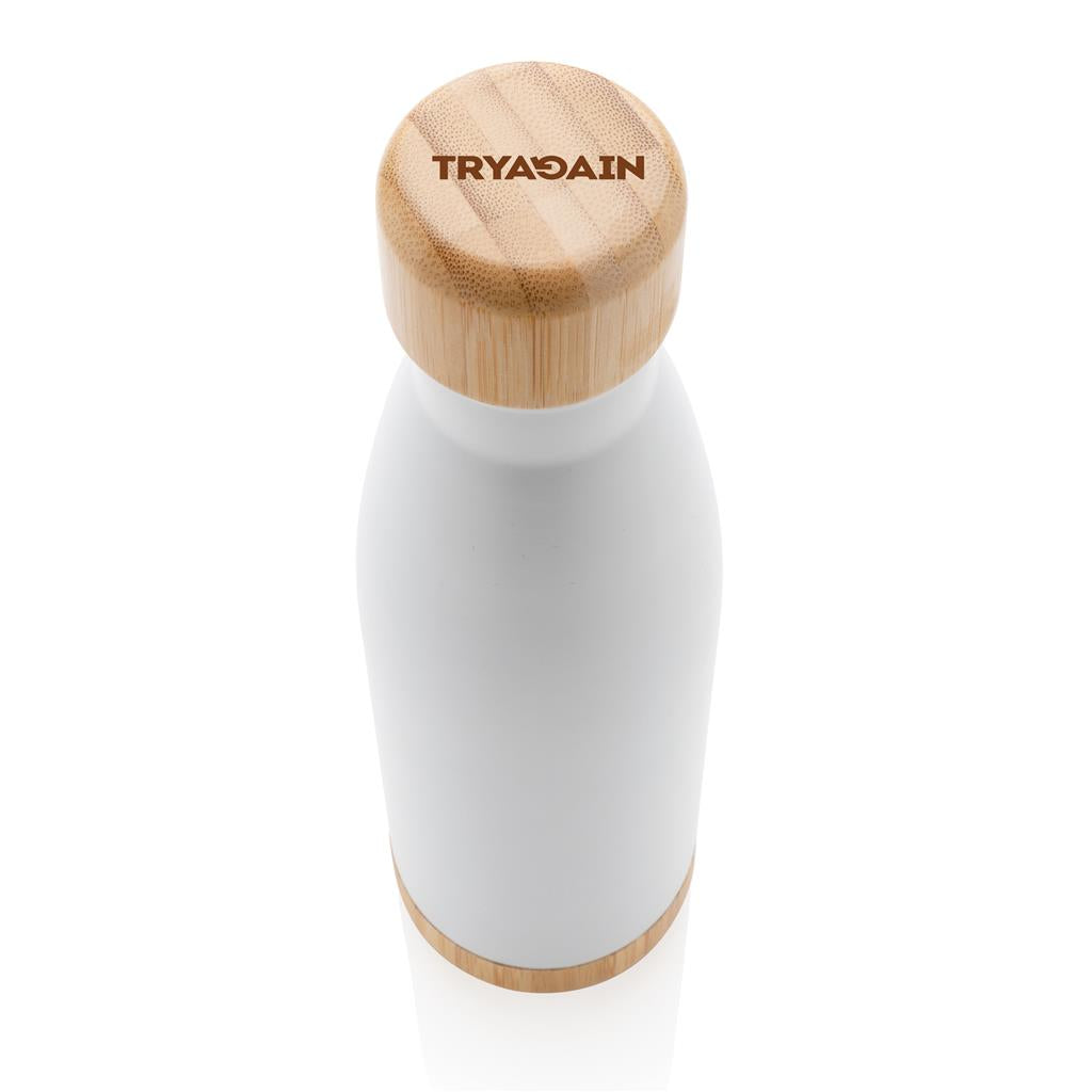 Double Wall Stainless Bottle with Bamboo Lid and Base - White