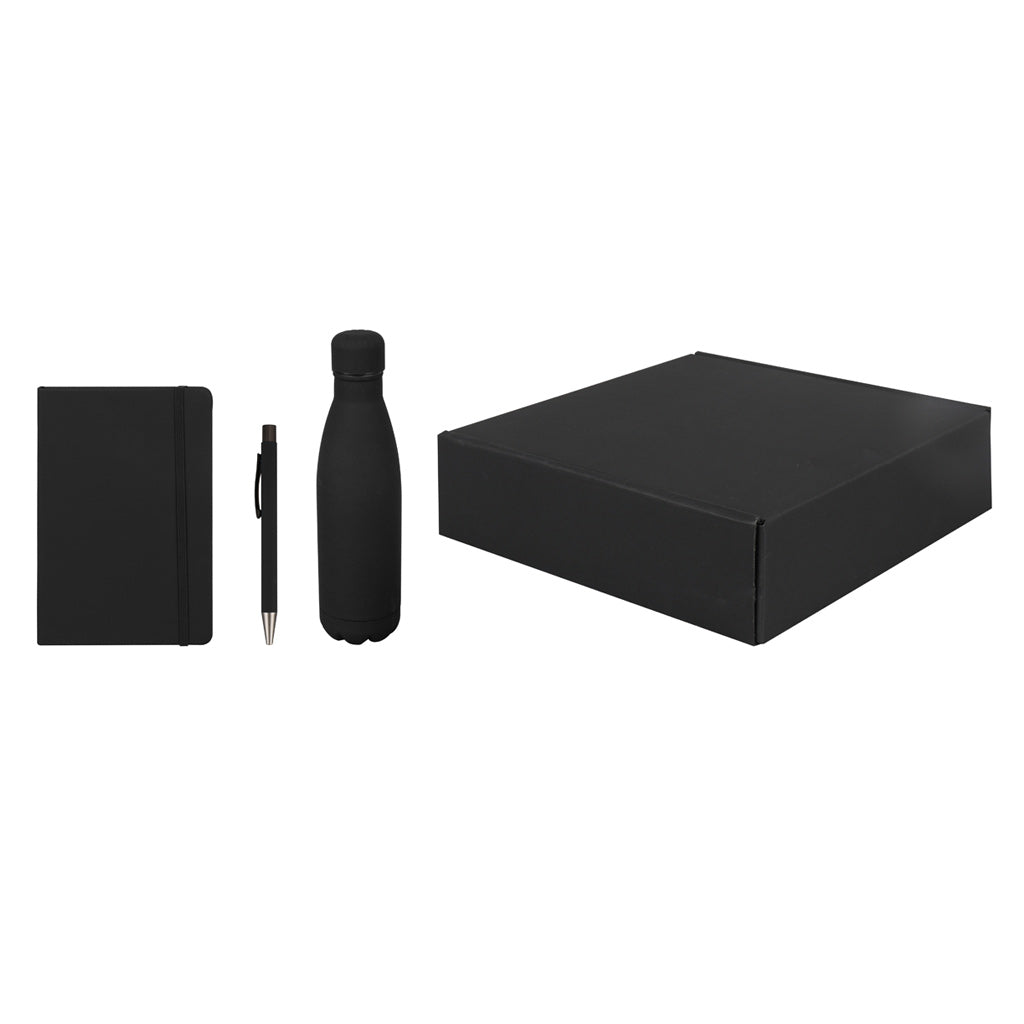 Set of Stainless Bottle, Notebook and Pen - Black