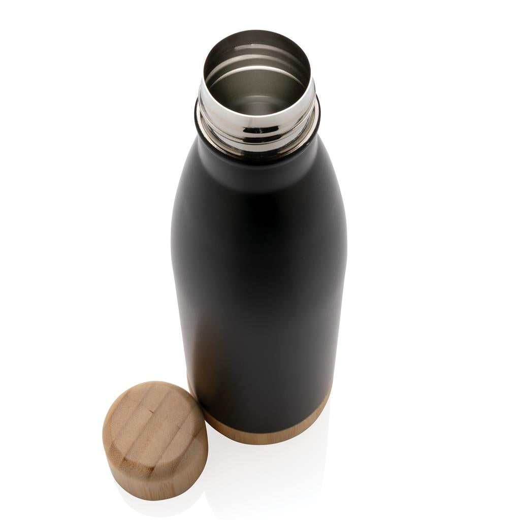 Double Wall Stainless Bottle with Bamboo Lid and Base - Black