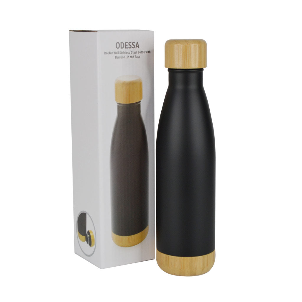 Double Wall Stainless Bottle with Bamboo Lid and Base - Black