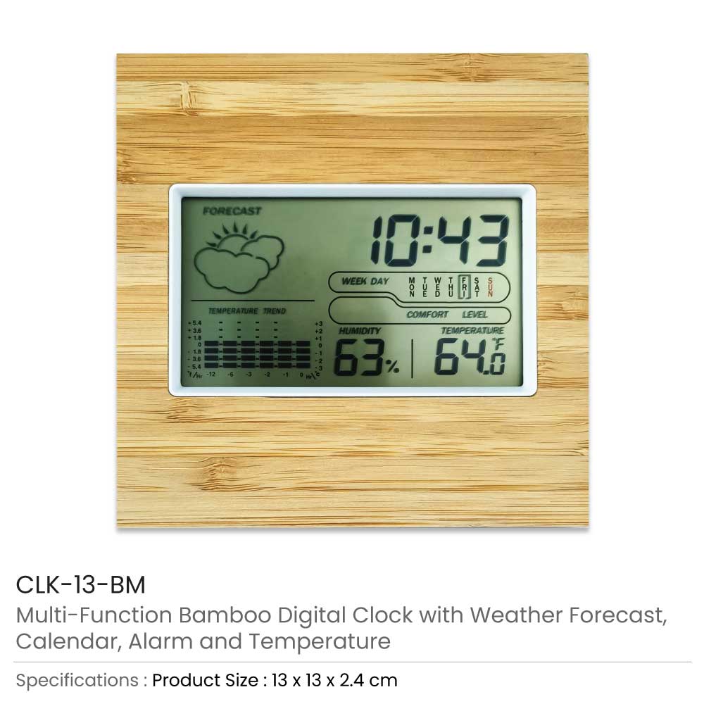 Multi-Function Bamboo Digital Clock with Weather Forecast, Calendar, Alarm, Temperature