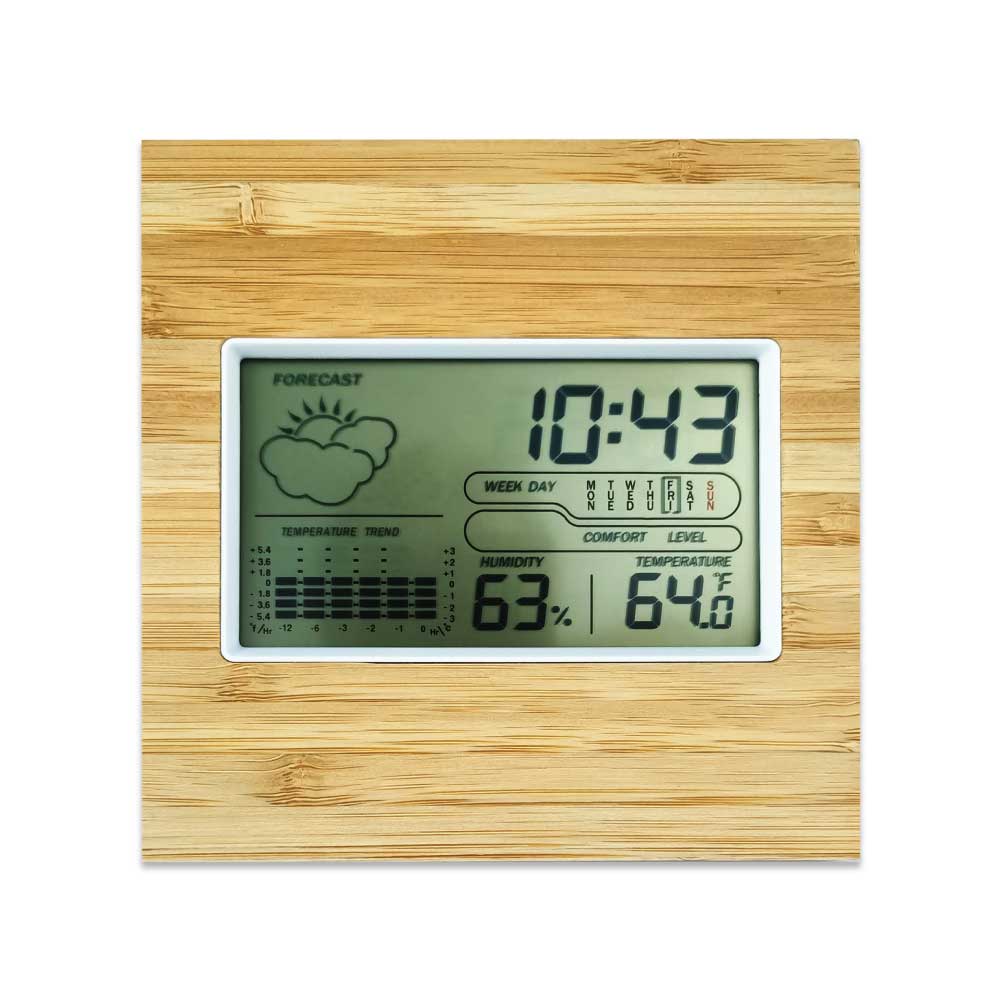 Multi-Function Bamboo Digital Clock with Weather Forecast, Calendar, Alarm, Temperature