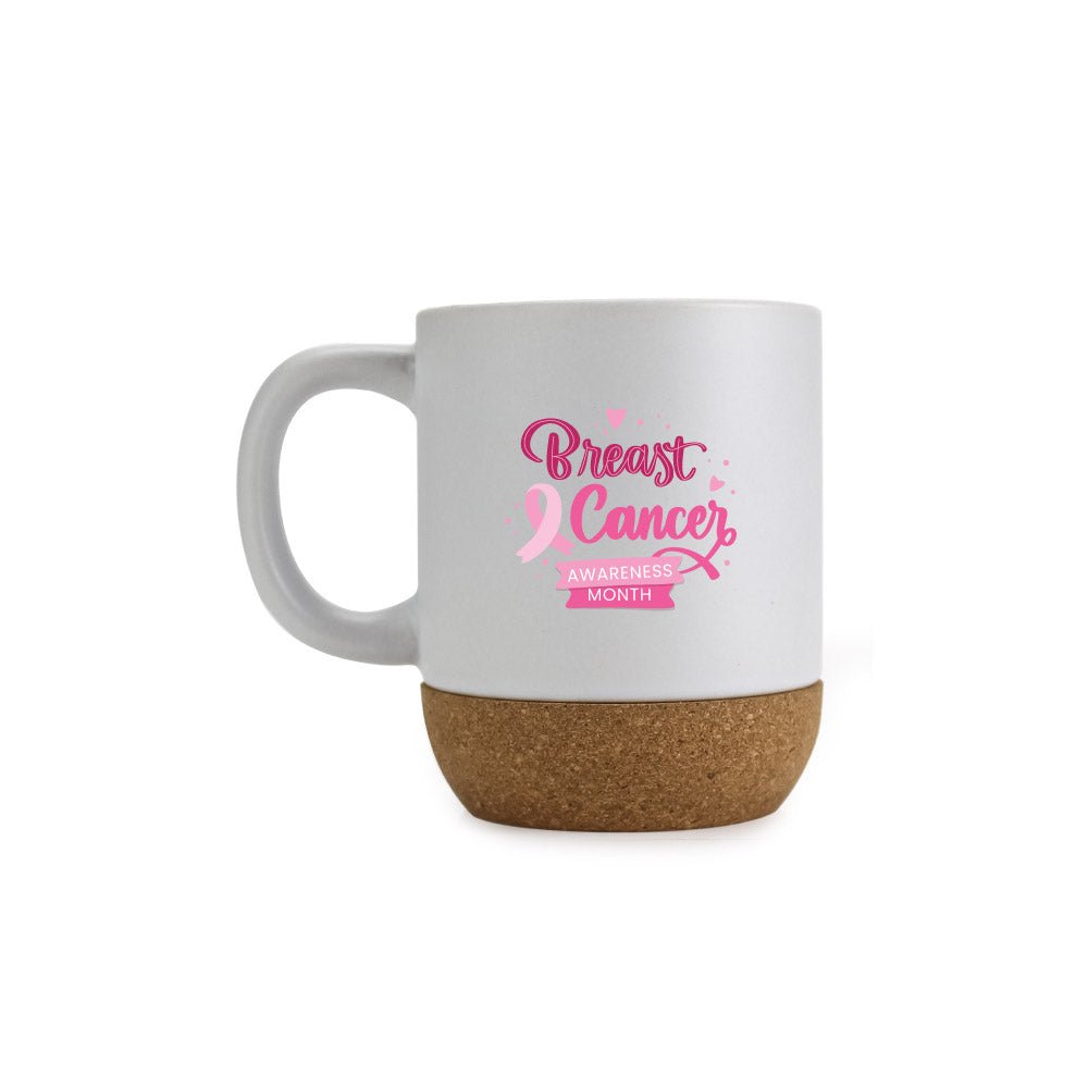 White Ceramic Mugs with Breast Cancer Awareness Logo