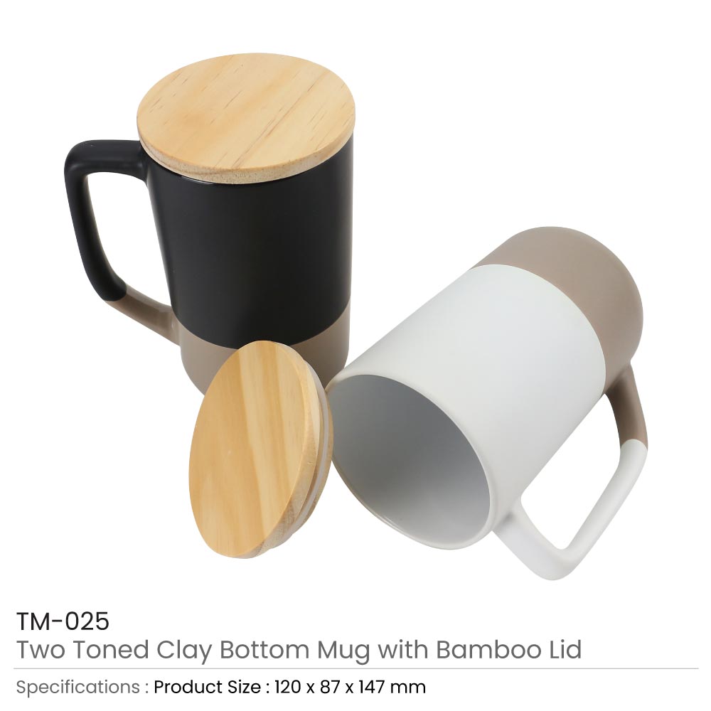 Two-toned Ceramic Mugs with Clay Bottom, Bamboo Lid