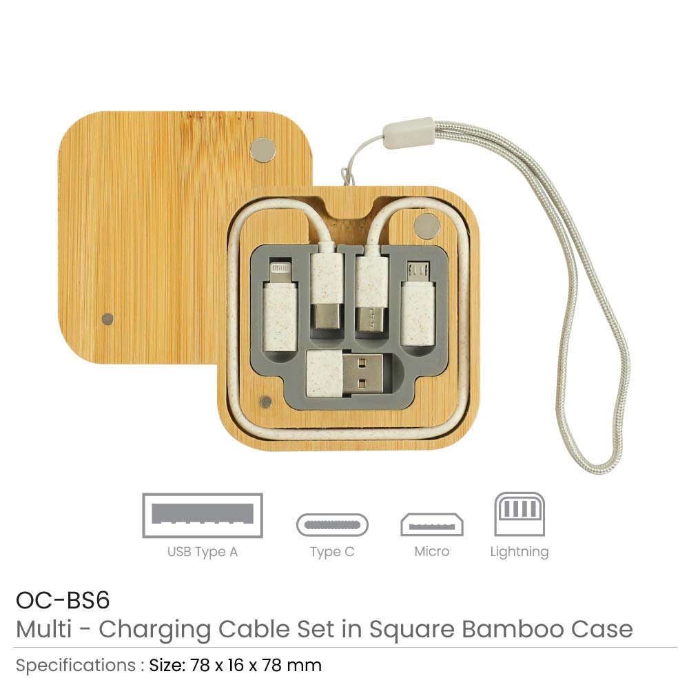 Multi-Charging Cable Set in Square Bamboo Case