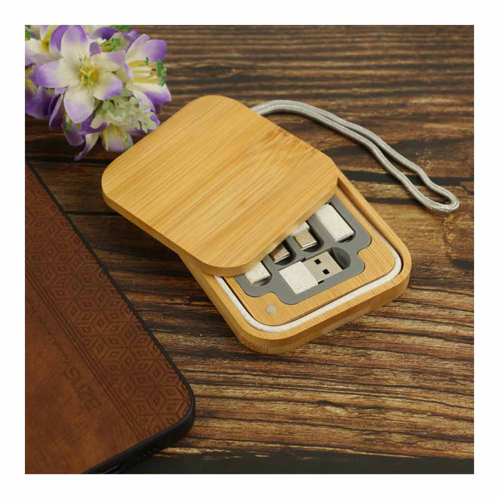 Multi-Charging Cable Set in Square Bamboo Case