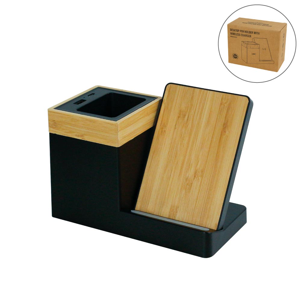 Bamboo Desktop Pen Holder with 15W Wireless Charger