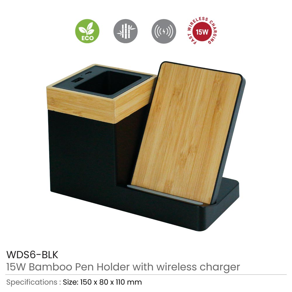 Bamboo Desktop Pen Holder with 15W Wireless Charger