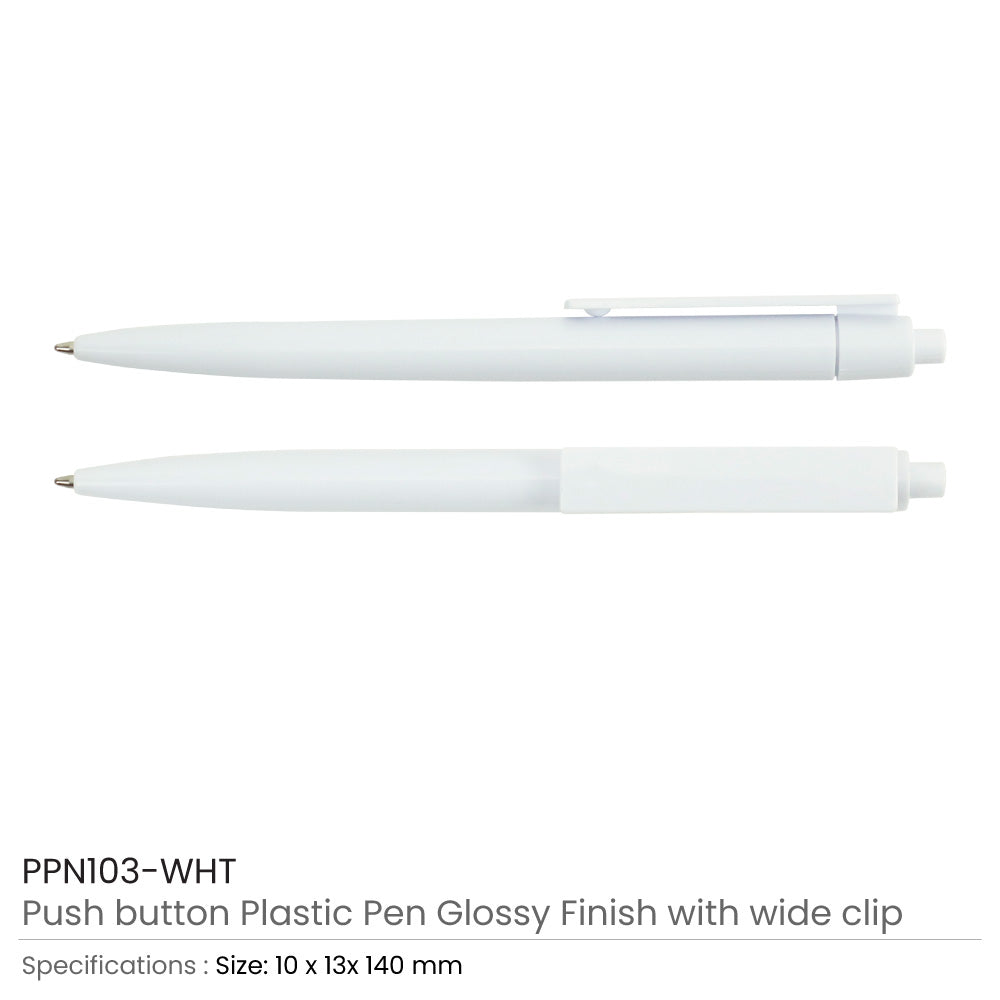 Plastic Pens White Color, Push Button, Wide Clip