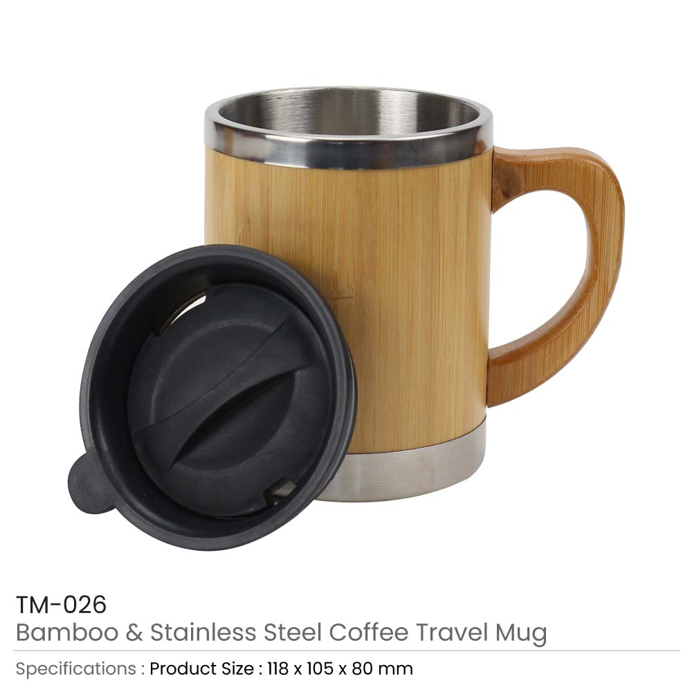 Bamboo and Stainless Steel Coffee Travel Mug with Handle and Lid