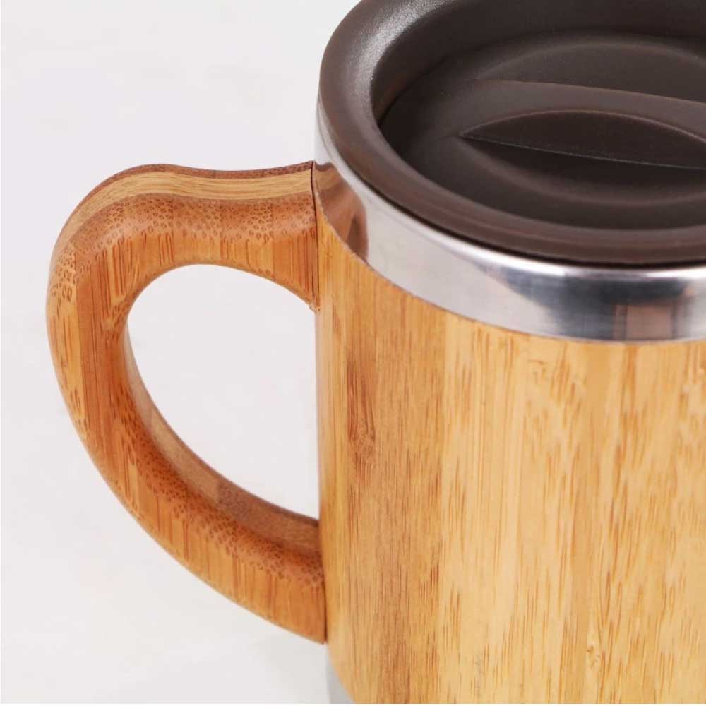 Bamboo and Stainless Steel Coffee Travel Mug with Handle and Lid