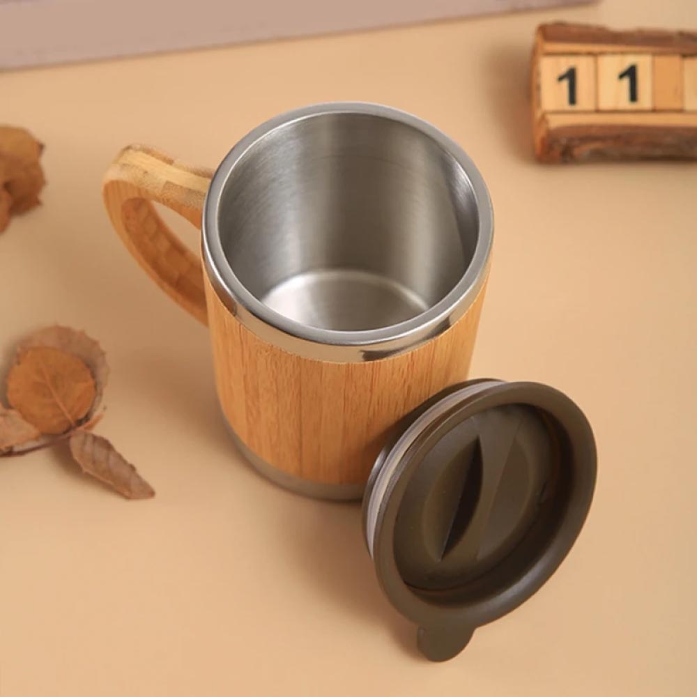 Bamboo and Stainless Steel Coffee Travel Mug with Handle and Lid