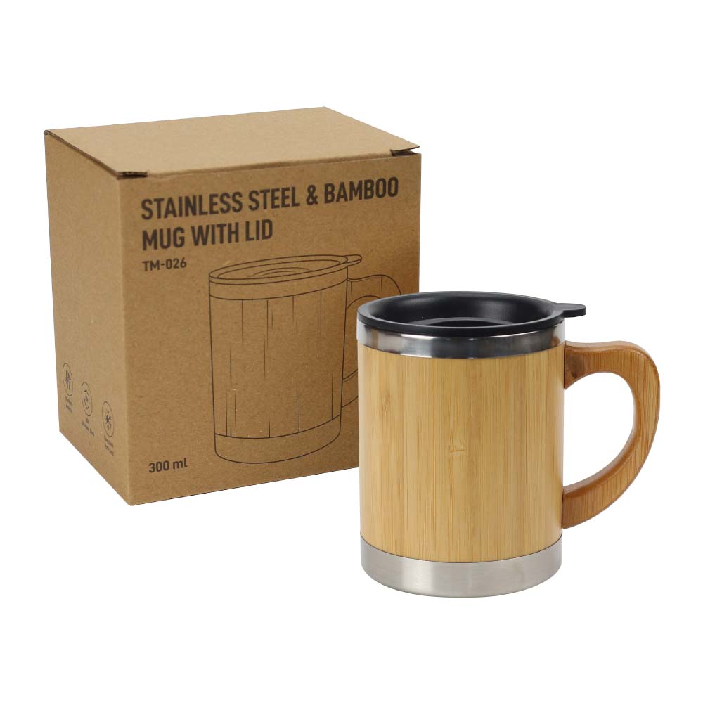 Bamboo and Stainless Steel Coffee Travel Mug with Handle and Lid