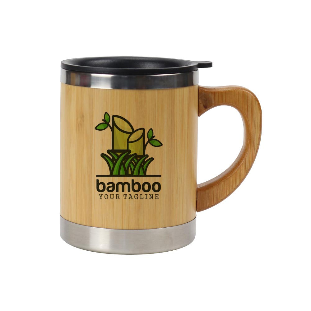 Bamboo and Stainless Steel Coffee Travel Mug with Handle and Lid