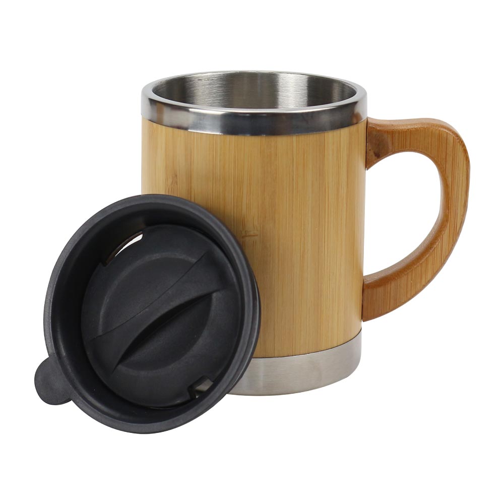 Bamboo and Stainless Steel Coffee Travel Mug with Handle and Lid