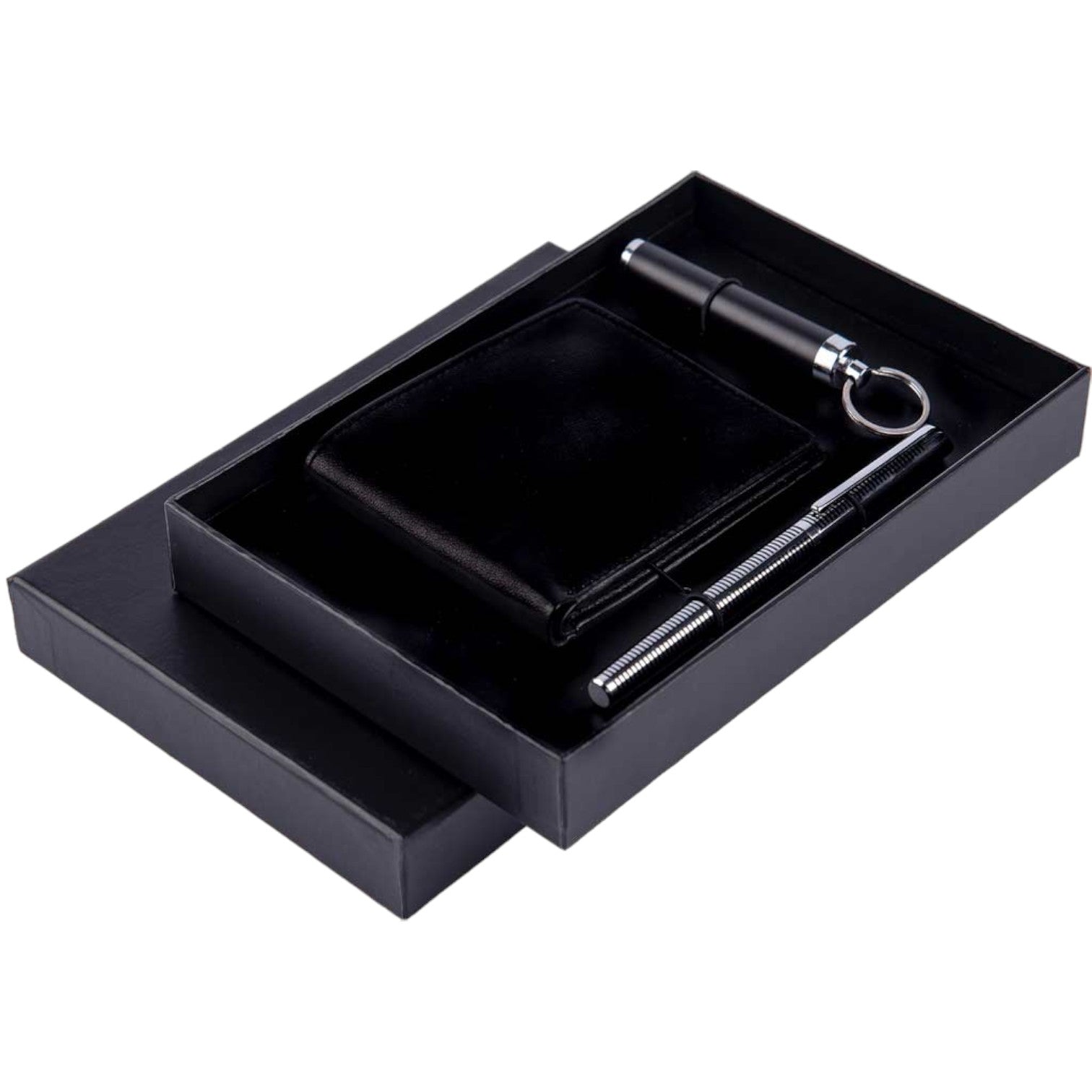 Set of Mens Wallet, Flashlight Keyring and Metal Pen