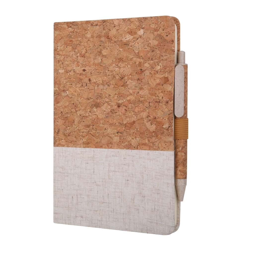 Set of A5 Cork Fabric Hard Cover Notebook and Pen - White