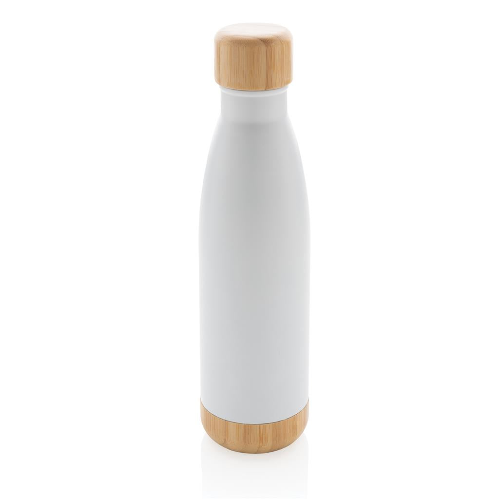 Double Wall Stainless Bottle with Bamboo Lid and Base - White