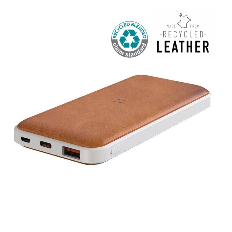 Recycled Leather 10000mAh PD Powerbank - White/Tan