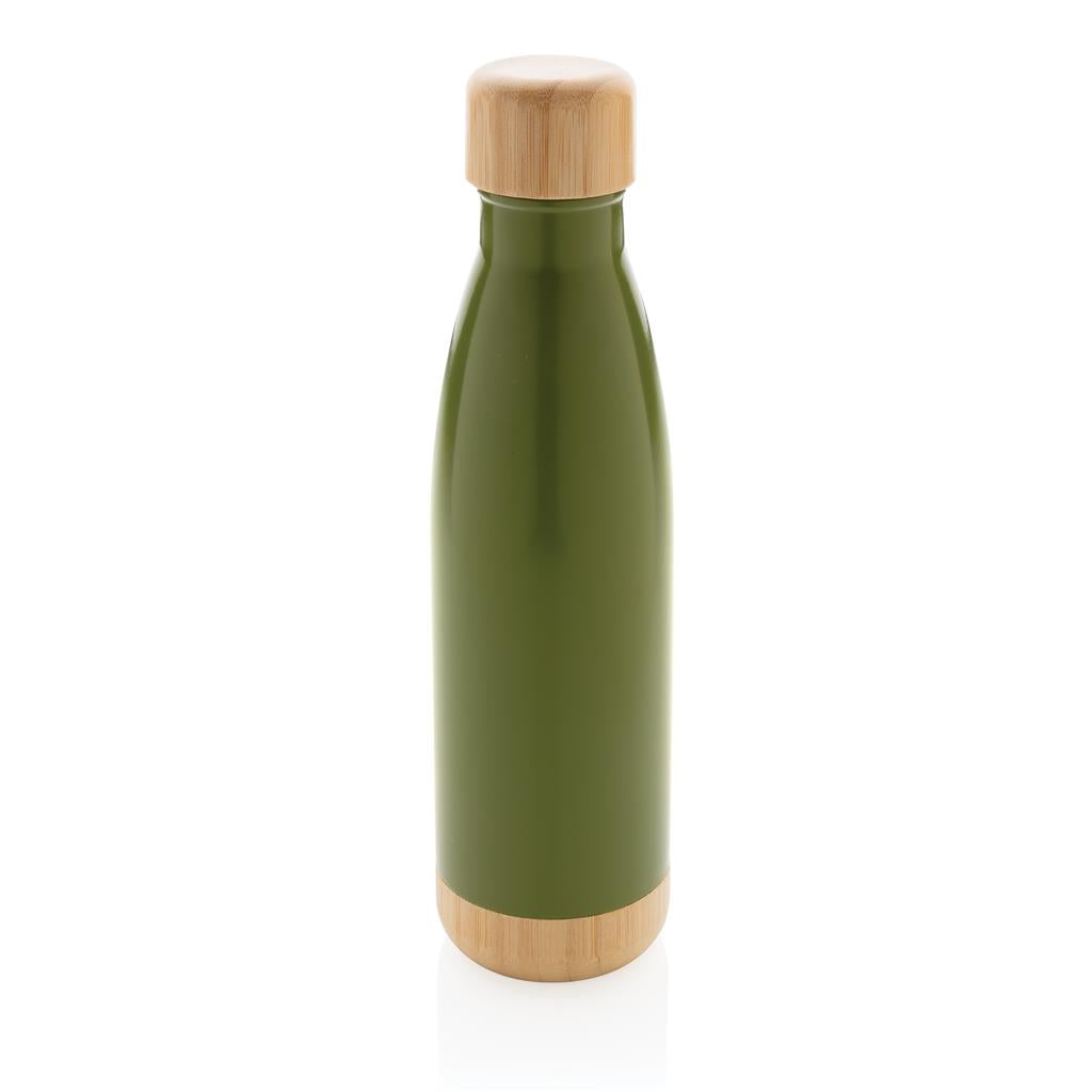 Double Wall Stainless Bottle with Bamboo Lid and Base - Green