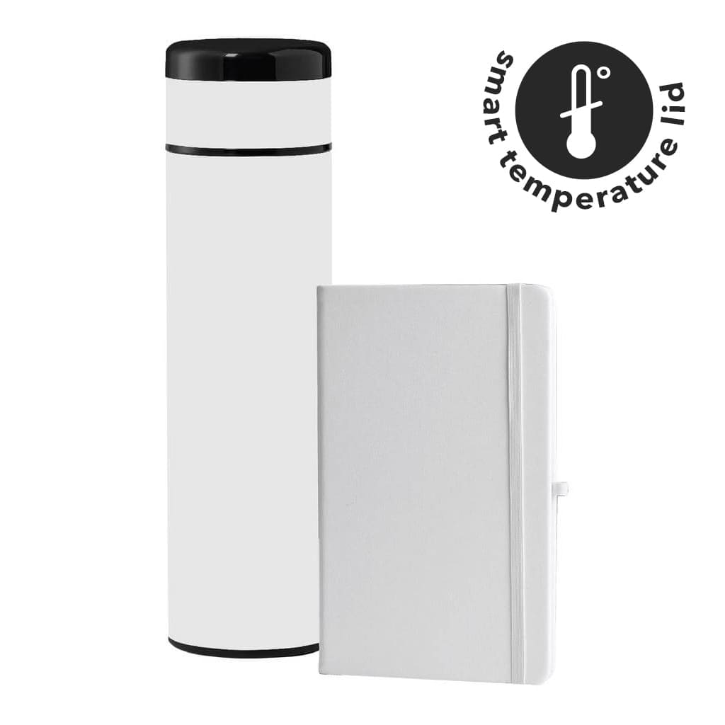 Vacuum Flask with Temperature Lid and Notebook Gift Set - White