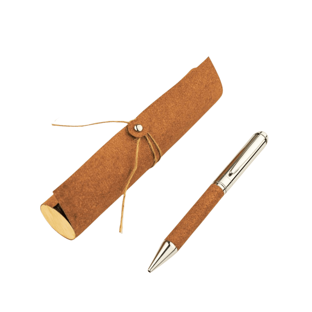 Metal Pen with Recycled Leather Barrel - Brown