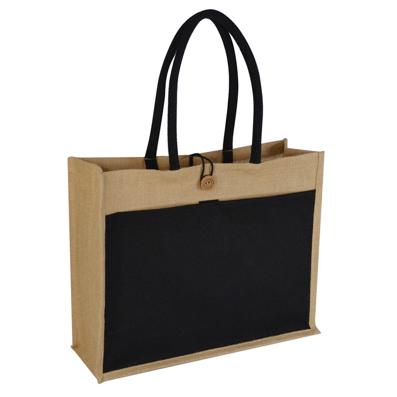 Jute Bag with Canvas Pocket - Black