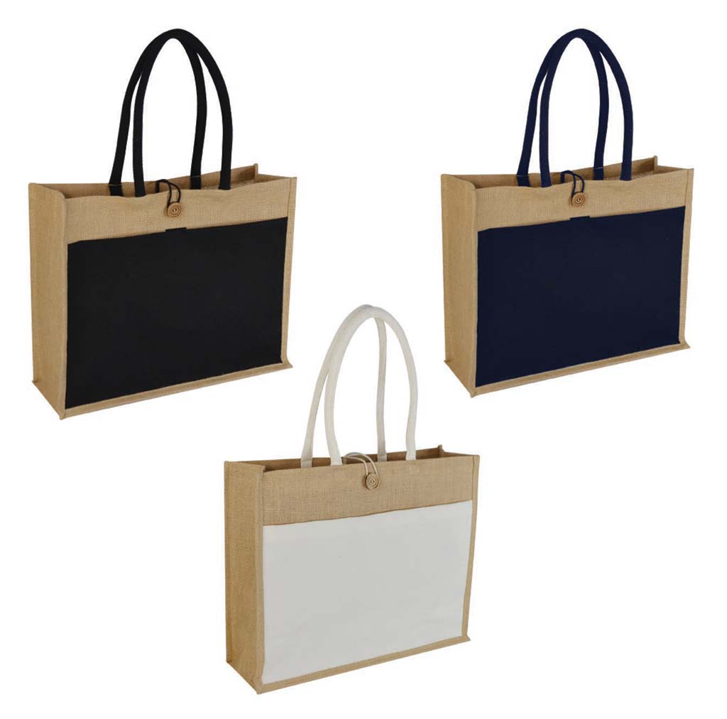 Jute Bag with Canvas Pocket - Blue